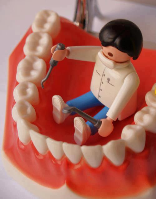 Miniature dental figure seated inside a tooth model